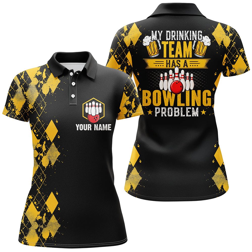Lustige gelbe Argyle Bowling Bier Polo Shirts für Damen individuell gestaltet - Mein Trinkteam hat ein Bowling-Problem Q6870 - Climcat