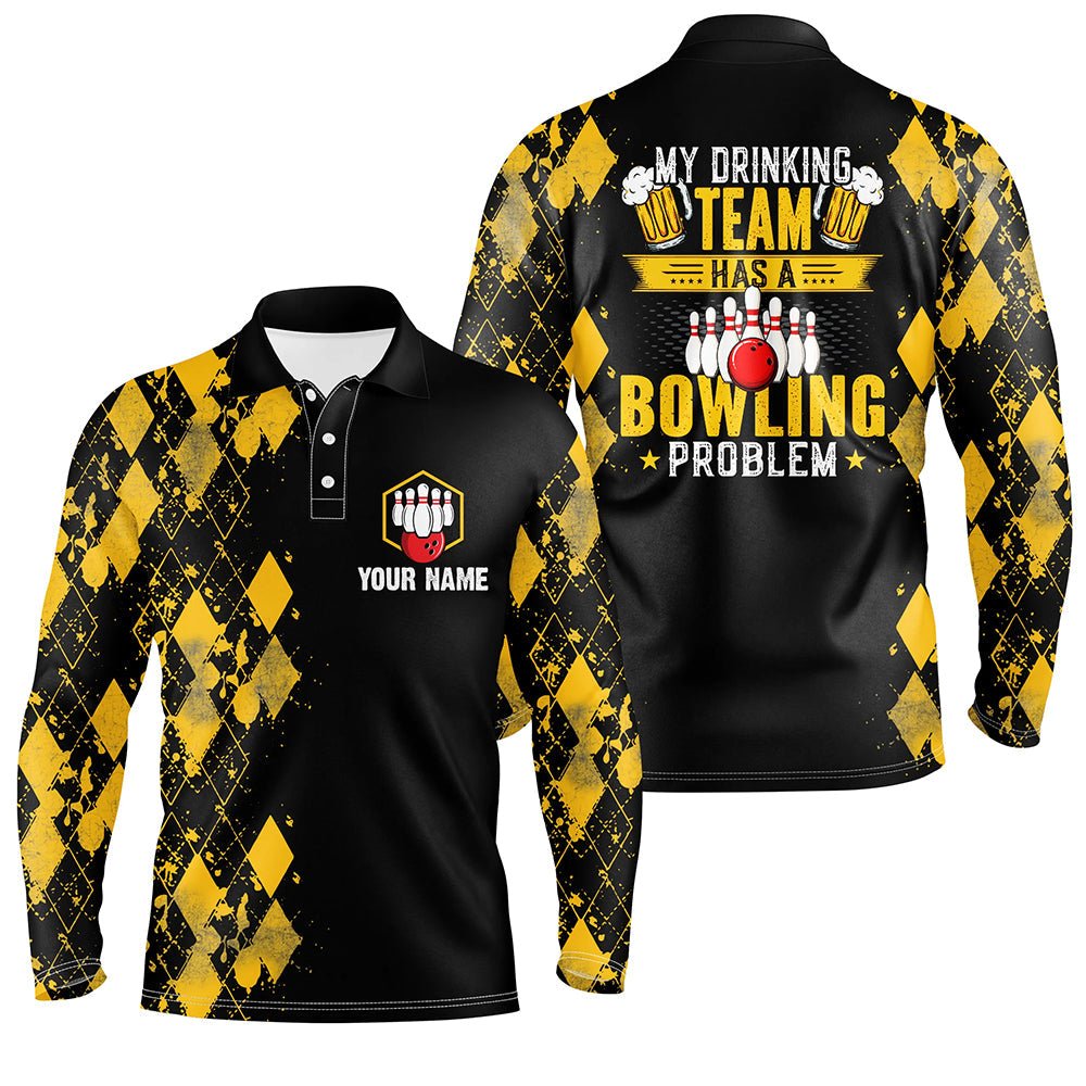 Lustige gelbe Argyle Bowling Bier Polo Shirts für Herren individuell gestaltet Mein Trinkteam hat ein Bowling-Problem Q6870 - Climcat