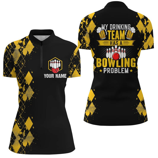 Lustige gelbe Bowling-Bier-Viertelreißverschluss-Shirts für Frauen individuell gestaltet Mein Trinkteam hat ein Bowling-Problem Q6870 - Climcat