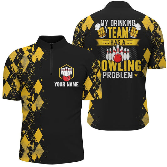 Lustige gelbe Bowling-Bier-Viertelreißverschluss-Shirts für Herren individuell gestaltet Mein Trinkteam hat ein Bowling-Problem Q6870 - Climcat