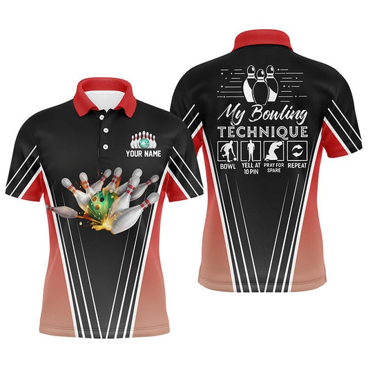 Lustige Herren Bowling Polo Shirts mit individuellem Namen | Mein Bowlingtechnik, Team Bowlers Jersey | Rot Q4814 - Climcat