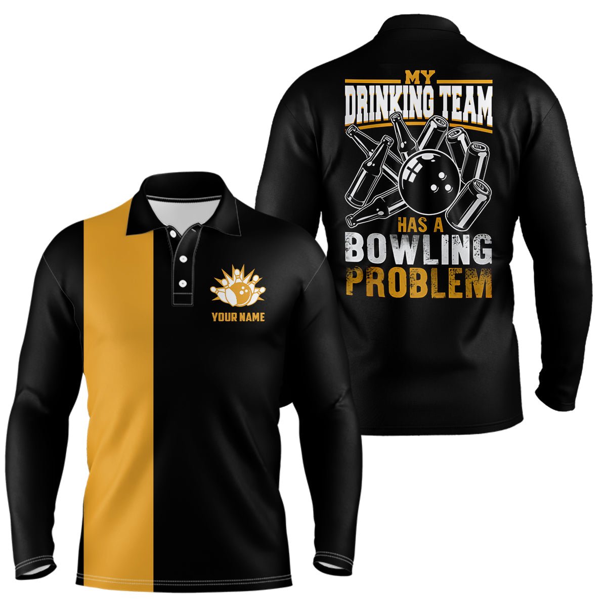 Lustige schwarze gelbe Retro-Bowling-Polo-Shirts für Herren - Individuell gestaltet: Mein Trinkteam hat ein Bowling-Problem - Q6694 - Climcat