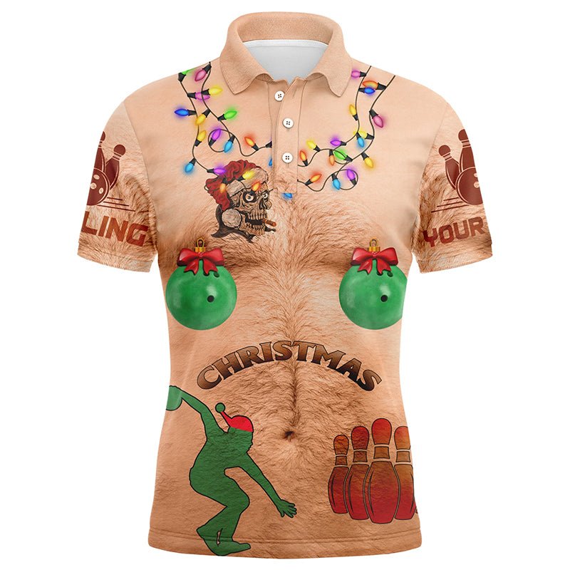 Lustige Weihnachts-Bowling-Poloshirts für Herren mit haariger Brust - Individuelle Weihnachts-Bowlingtrikots Q6791 - Climcat