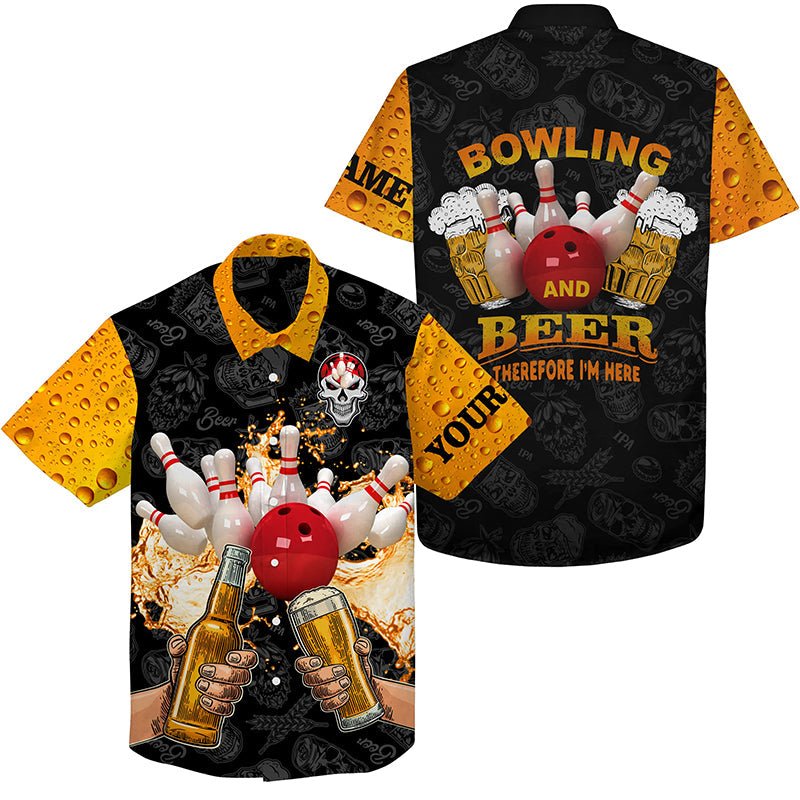 Lustiges Bowling-Bier-Schädel-Hawaiihemd mit individuellem Namen - Bowling und Bier, deshalb bin ich hier - Q4478 - Climcat