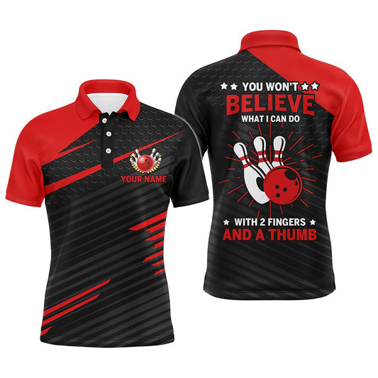 Lustiges Bowling-Polo-Shirt für Herren, Rot & Schwarz, individuelles Bowling-Trikot, 2 Finger und ein Daumen B145 - Climcat