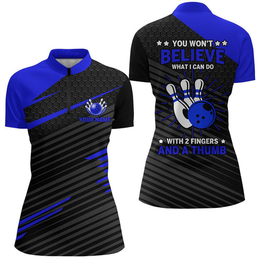 Lustiges Bowling-Shirt für Damen in Blau und Schwarz | Personalisiertes Bowling-Trikot mit Viertelreißverschluss | 2 Finger und ein Daumen | N168 - Climcat