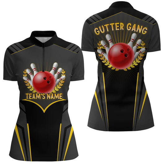 Lustiges Bowling-Shirt für Frauen - Personalisiertes Bowling-Trikot für Teams - Damen Bowling Quarter-Zip N143 - Gutter Gang - Climcat