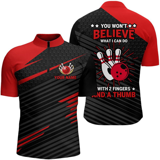 Lustiges Bowling-Shirt für Herren in Rot & Schwarz | Personalisiertes Bowling-Trikot mit Viertelreißverschluss | 2 Finger und ein Daumen | N145 - Climcat