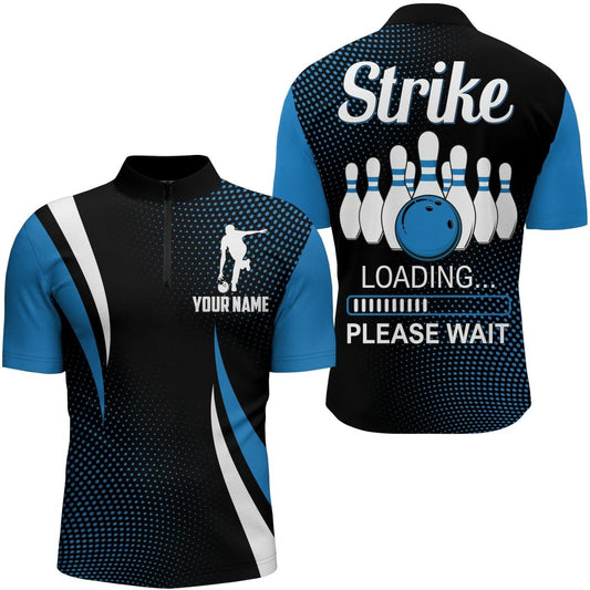 Lustiges Bowling-Shirt für Herren, individueller Name, Strike Blue Bowling-Shirt mit Viertelreißverschluss, Herren Bowling-Trikot N155 - Climcat