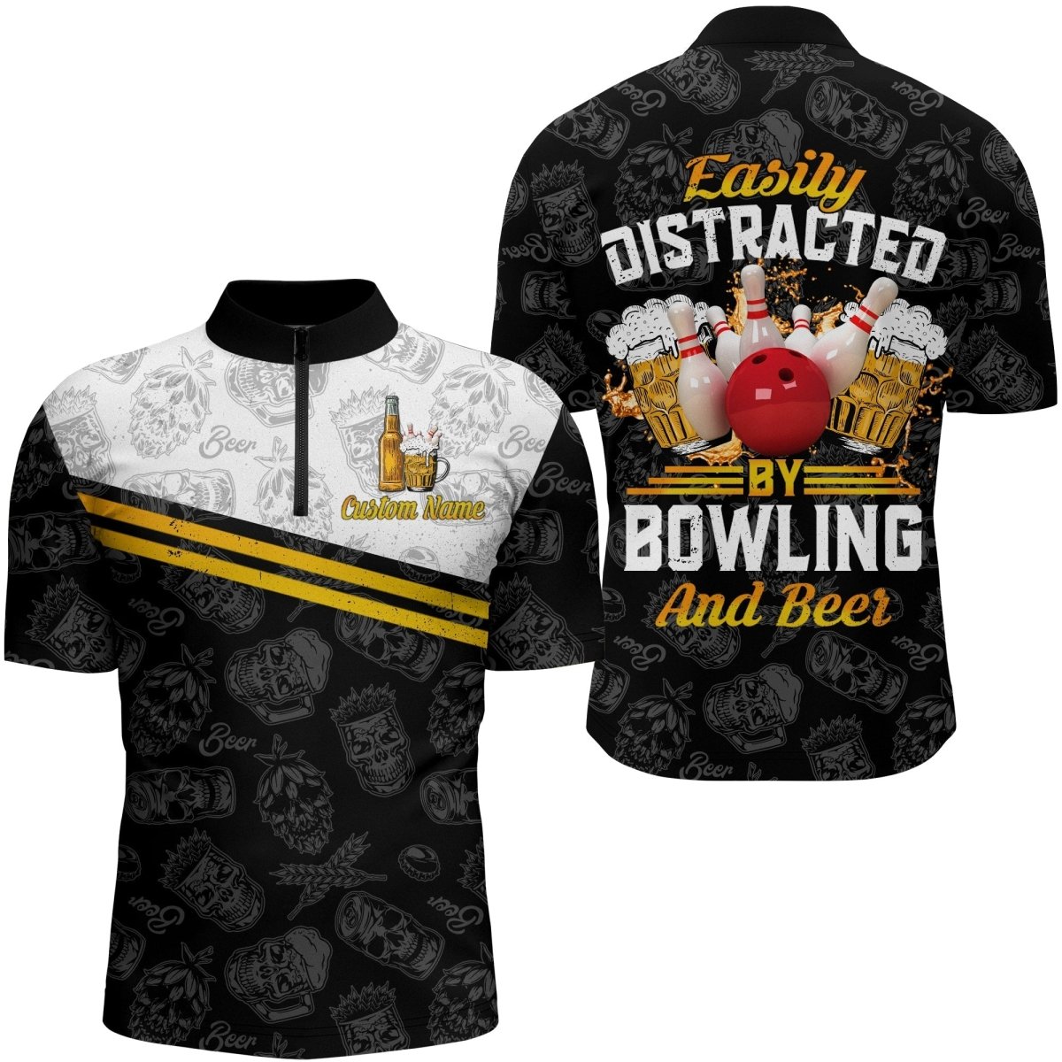 Lustiges Bowling-Shirt für Männer, die sich leicht von Bowling und Bier ablenken lassen - Individuelles Bowling-Trikot mit Viertelreißverschluss N112 - Climcat