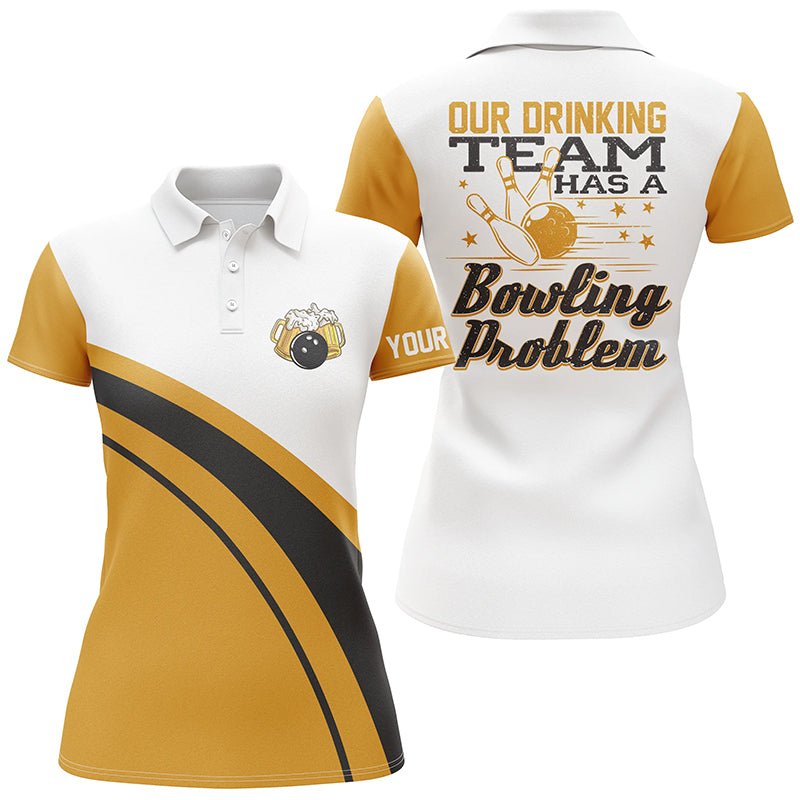 Lustiges gelbes Retro-Bowling-Bier-Poloshirt für Frauen - Individuell gestaltet: Mein Trinkteam hat ein Bowling-Problem Q6755 - Climcat