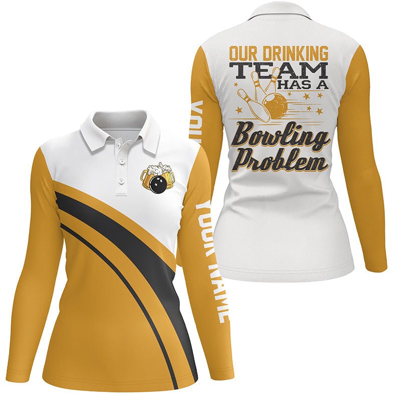 Lustiges gelbes Retro-Bowling-Bier-Poloshirt für Frauen - Individuell gestaltet: Mein Trinkteam hat ein Bowling-Problem Q6755 - Climcat