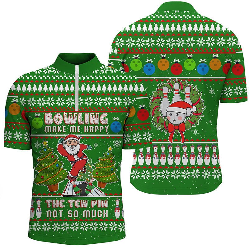 Lustiges hässliches Weihnachtsmann-Bowler-Herren-Quarter-Zip-Shirt - Bowling macht mich glücklich, die zehn Pins nicht so sehr - Q6836 - Climcat