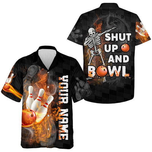 Lustiges hawaiianisches Bowling-Shirt "Shut Up and Bowl" mit personalisiertem Flammen-Bowling-Schädel-Bowler-Jersey B19 - Climcat