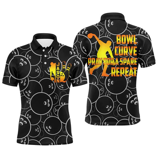 Lustiges Herren Bowling Polo Shirt, Bowl Curve Pray Repeat, Personalisierter Name, Kurzarm Bowlers Trikot B41 - Climcat