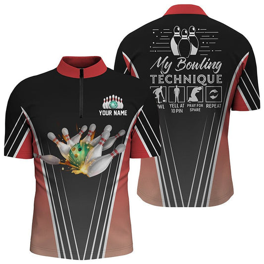 Lustiges Herren Bowling Quarter Zip Shirt mit individuellem Namen | Mein Bowlingtechnik, Team Bowlers Jersey | Rot Q4814 - Climcat