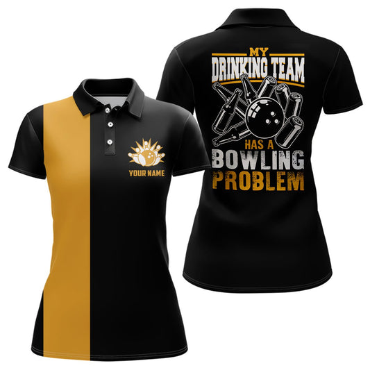 Lustiges schwarzes gelbes Retro-Bowling-Polo-Shirt für Frauen - Individuell gestaltet: Mein Trinkteam hat ein Bowling-Problem - Q6694 - Climcat