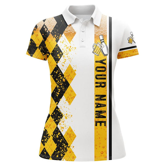 Lustiges schwarzes und gelbes Argyle-Bowling-Bier-Poloshirt für Frauen - Individuelle Bowling-Trikots für Damen Q6950 - Climcat