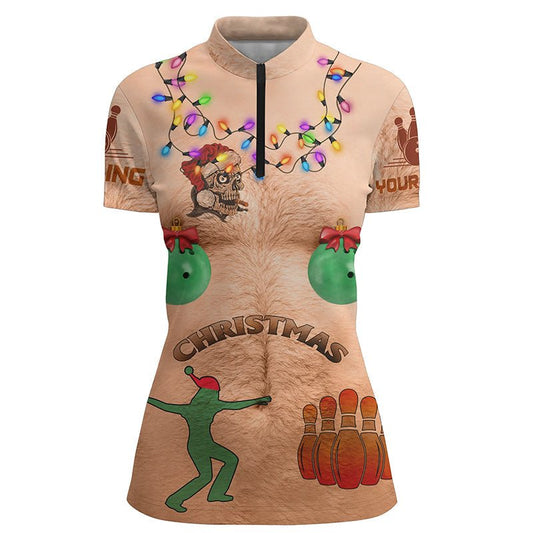 Lustiges Weihnachts-Damen-Bowling-Shirt mit haariger Brust, individuell gestaltbare Weihnachts-Bowlingtrikots Q6791 - Climcat