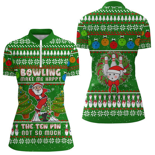 Lustiges Weihnachtsmann-Bowler Damen Quarter-Zip Shirt - Bowling macht mich glücklich, der Zehn-Pin nicht so sehr - Q6836 - Climcat