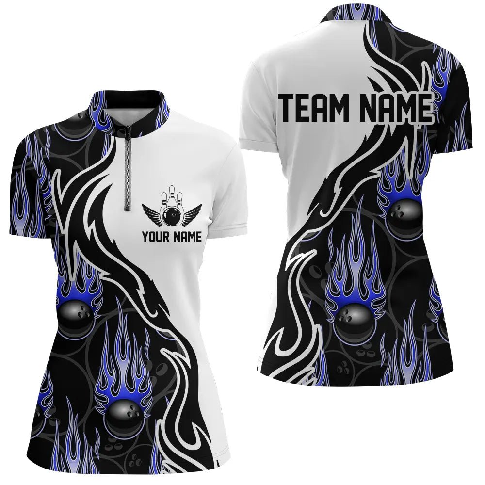 Maßgeschneiderte Bowling-Shirts für Damen, personalisierte Flammen-Bowling-Teamtrikots | Blau P5003 - Climcat