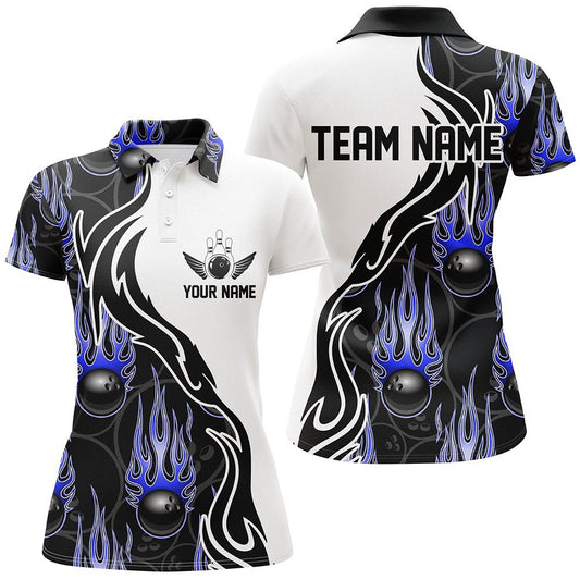 Maßgeschneiderte Bowling-Shirts für Damen, personalisierte Flammen-Bowling-Teamtrikots | Blau P5003 - Climcat