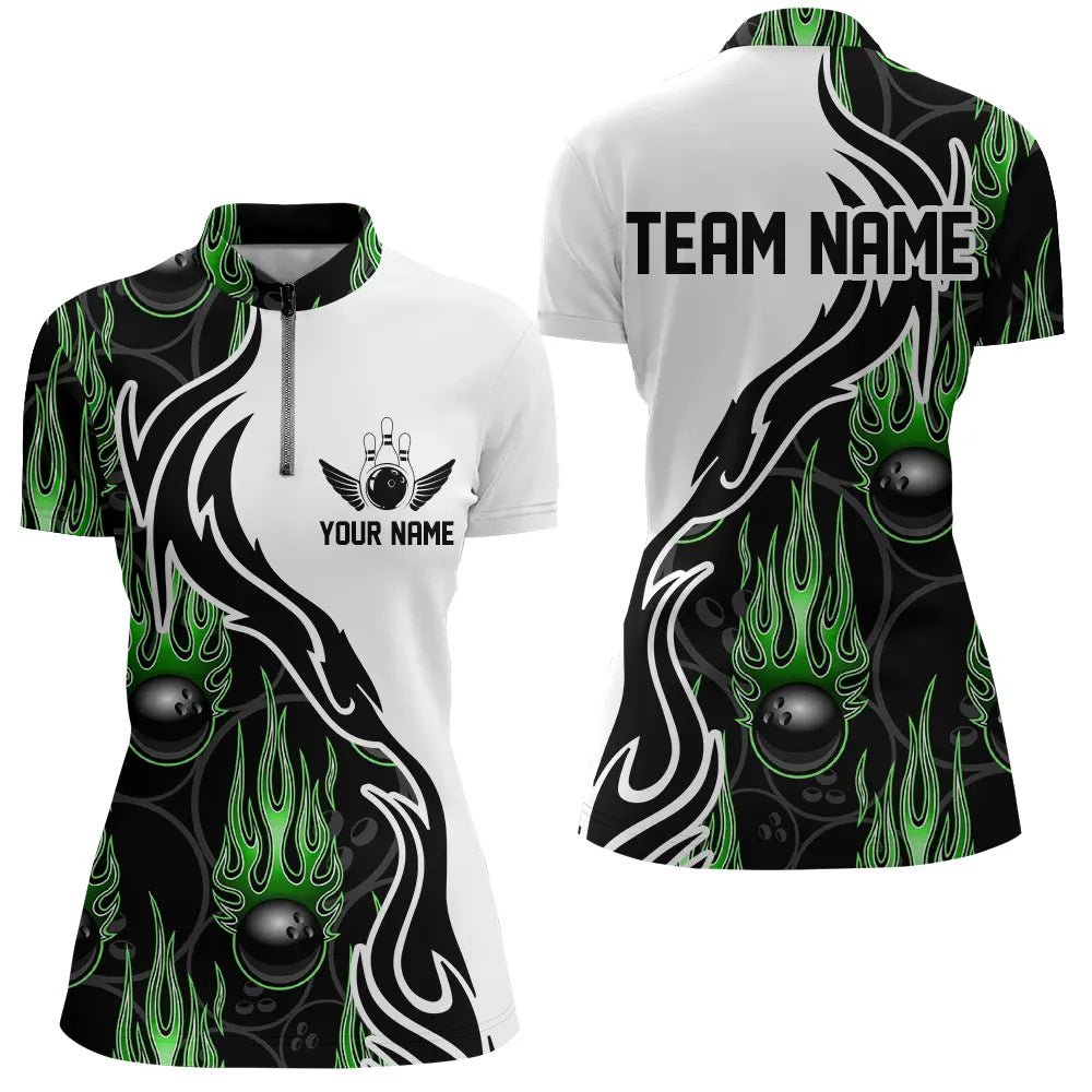 Maßgeschneiderte Bowling-Shirts für Damen, personalisierte Flammen-Bowling-Teamtrikots | Grün P5004 - Climcat