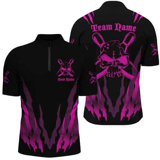 Maßgeschneiderte Bowlinghemden für Männer und Frauen | Bowling-Team-Hemden mit Totenkopf und Kegel | Pink | Personalisierbar P4485 - Climcat