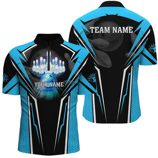 Maßgeschneiderte Cyan-blaue Bowling-Polo-Shirts für Herren, Strike Bowling Team Trikots, Bowlers Outfits P5224 - Climcat