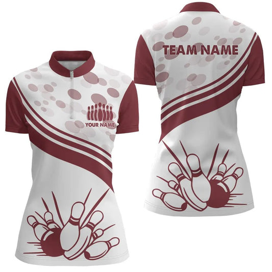 Maßgeschneiderte Vintage weiße Bowling-Quarter-Zip-Shirts für Damen, personalisierte Bowling-Teamtrikots Q5519 - Climcat