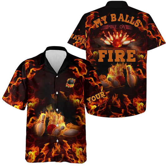 Maßgeschneidertes Bowlinghemd für Herren mit Flammenmuster, Knopfleiste, mein Ball steht in Flammen - Climcat