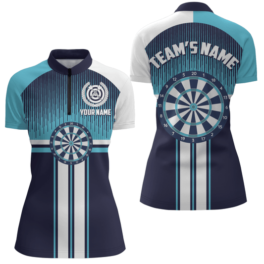 Maßgeschneidertes Dartboard im Sportstil, weiß-blaues 1/4 Zip Shirt für Frauen, Darts Trikot M290 - Climcat