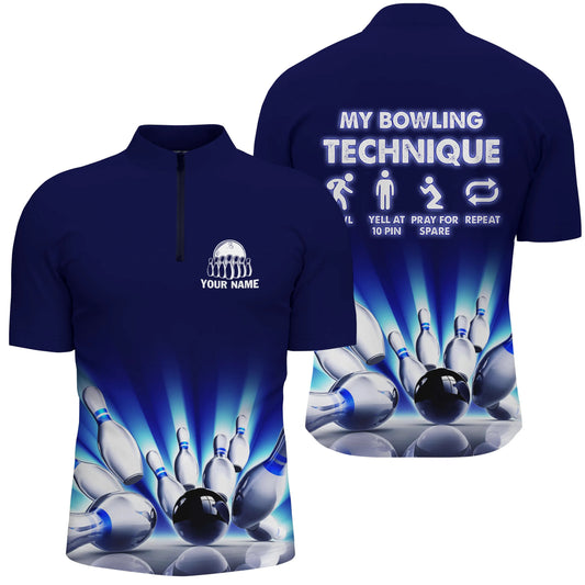 Meine Bowlingtechnik individueller Name lustige Herren Bowling Quarter Zip Shirts, Personalisierte Bowlingtrikots Q4674 - Climcat