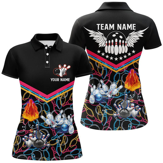 Multicolor Muster Schwarze Bowling-Polo-Shirts für Damen, individuelle Team-Bowling-Trikots für Damen-Bowler Q5386 - Climcat