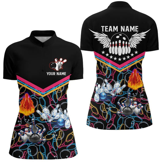 Multicolor Muster Schwarze Bowling-Quarter-Zip-Shirts für Damen, individuelle Team-Bowlingtrikots für Frauen Q5386 - Climcat