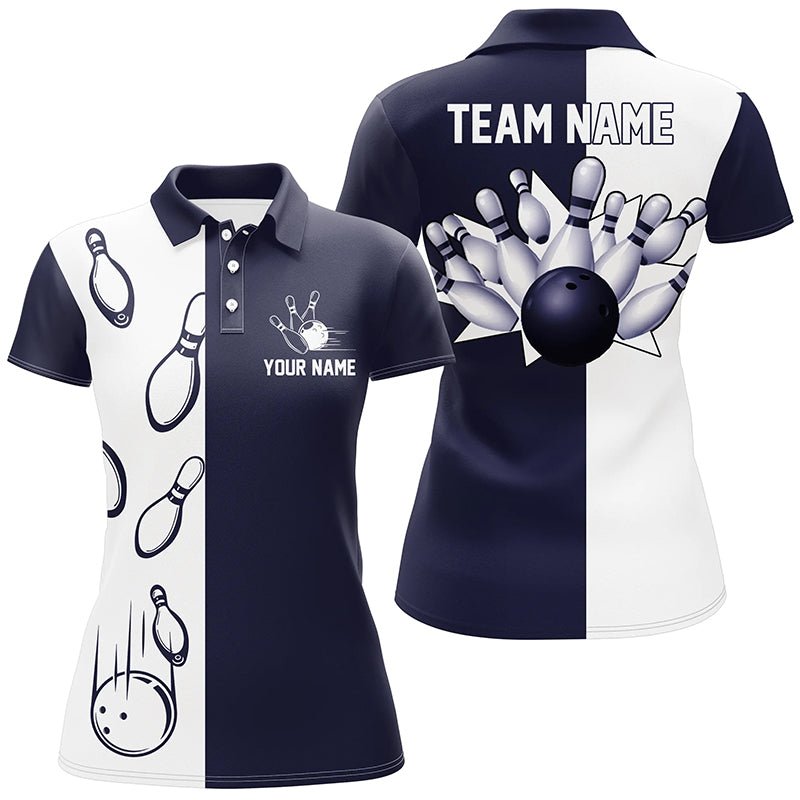 Navy Blue und Weiß Retro Vintage Bowling Polo Shirts für Damen - Personalisierte Bowling Team Trikots Q6480 - Climcat