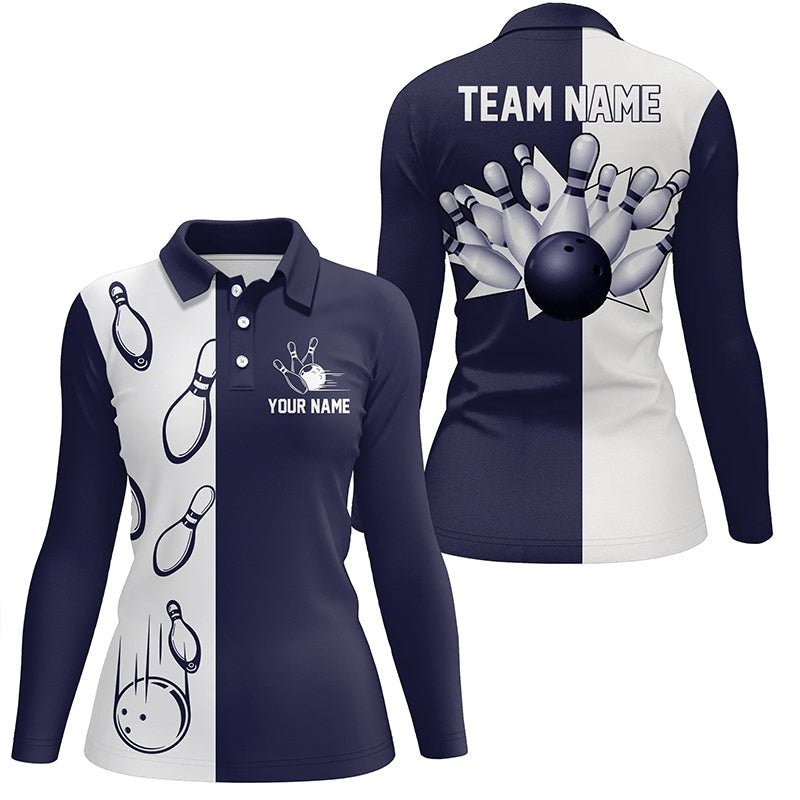 Navy Blue und Weiß Retro Vintage Bowling Polo Shirts für Damen - Personalisierte Bowling Team Trikots Q6480 - Climcat