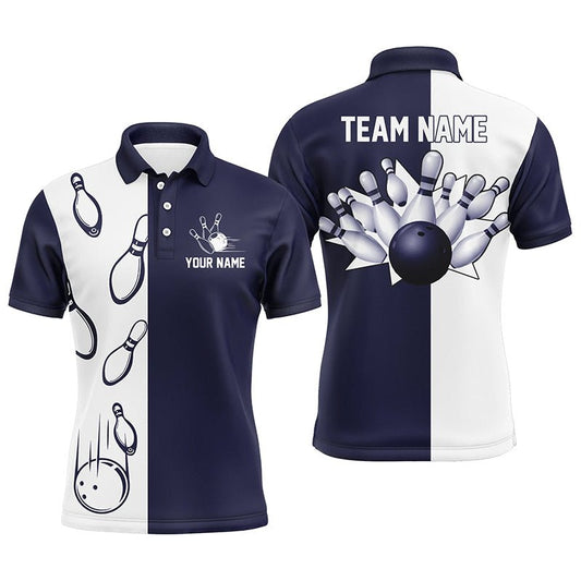 Navy Blue und Weiß Retro Vintage Bowling Polo Shirts für Herren - Personalisierte Bowling Team Trikots Q6480 - Climcat