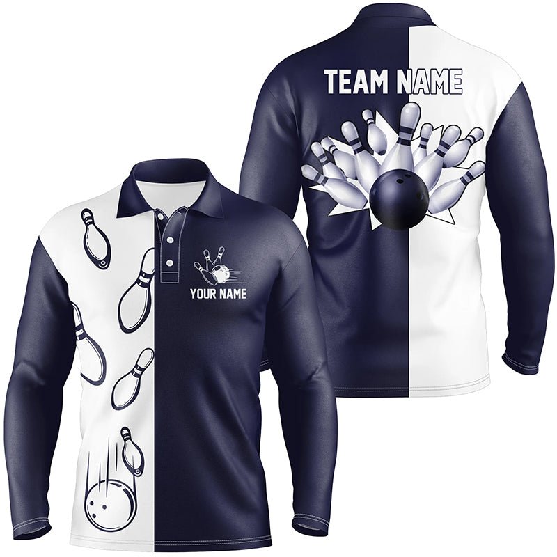 Navy Blue und Weiß Retro Vintage Bowling Polo Shirts für Herren - Personalisierte Bowling Team Trikots Q6480 - Climcat