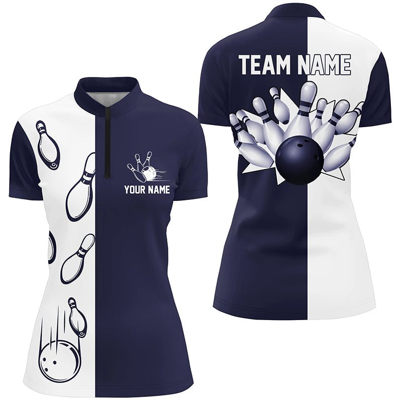 Navy Blue und Weiß Retro Vintage Bowling Quarter Zip Shirts für Damen - Personalisierte Bowling Team Trikots Q6480 - Climcat