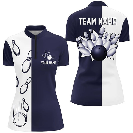 Navy Blue und Weiß Retro Vintage Bowling Quarter Zip Shirts für Damen - Personalisierte Bowling Team Trikots Q6480 - Climcat