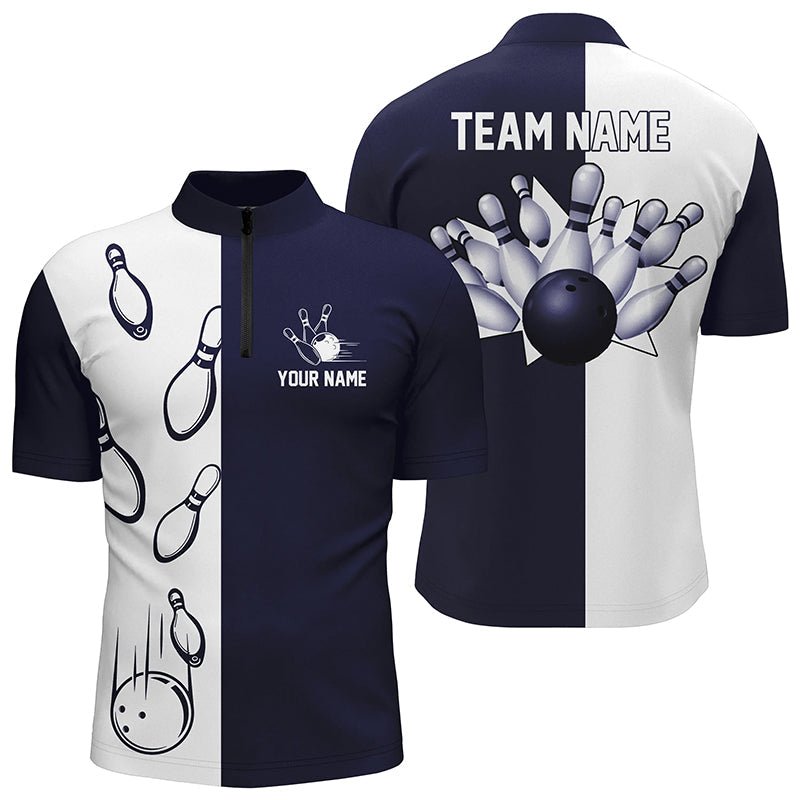 Navy Blue und Weiß Retro Vintage Bowling Quarter Zip Shirts für Herren - Personalisierte Bowling Team Trikots Q6480 - Climcat