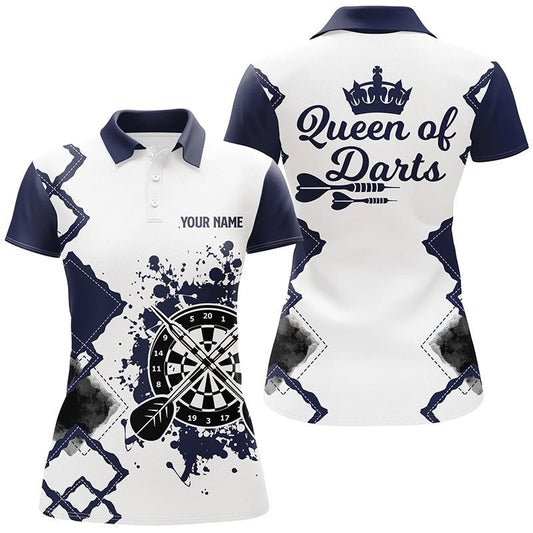 Navy-weißes Darts Polo Shirt für Damen, individuell anpassbares cooles Darts Trikot - Königin der Darts M259 - Climcat