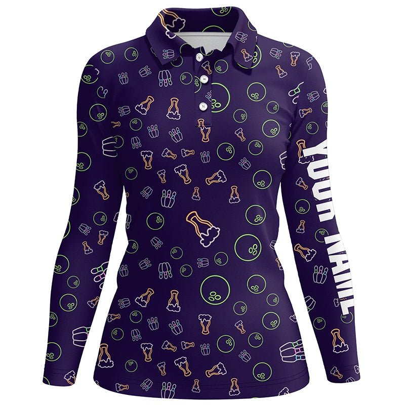Neon Bier leuchtendes Bowling-Muster Personalisiertes Damen-Bowling-Poloshirt, Bowling-Team-Liga-Trikots Q6763 - Climcat