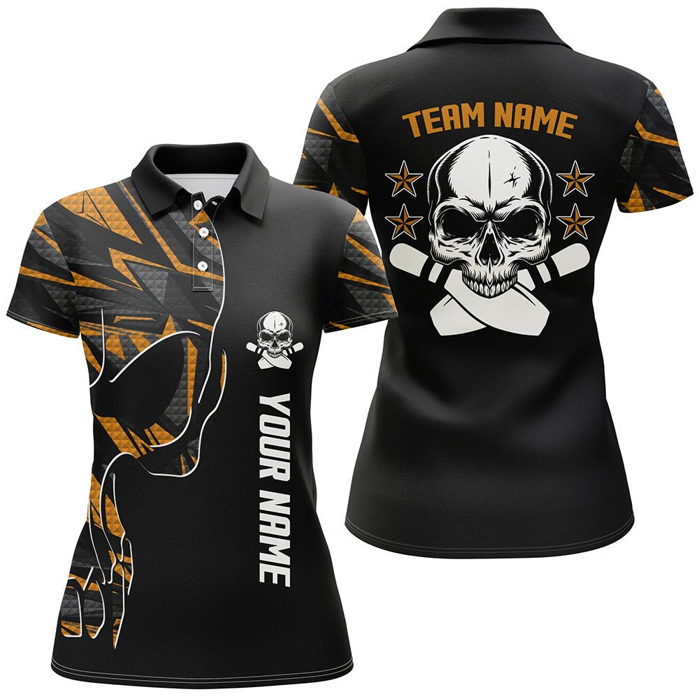 Orange Camo Black Bowling Polo Shirts für Damen - Personalisiertes Team Skull Bowling, Damen Team Bowling Trikots Q6184 - Climcat