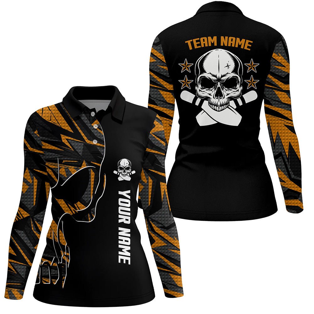 Orange Camo Black Bowling Polo Shirts für Damen - Personalisiertes Team Skull Bowling, Damen Team Bowling Trikots Q6184 - Climcat