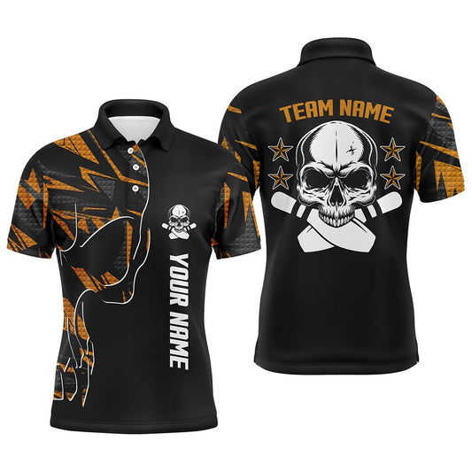 Orange Camo Black Bowling Polo Shirts für Herren mit individuellem Teamnamen Skull Bowling, Team Bowling Shirts Q6184 - Climcat