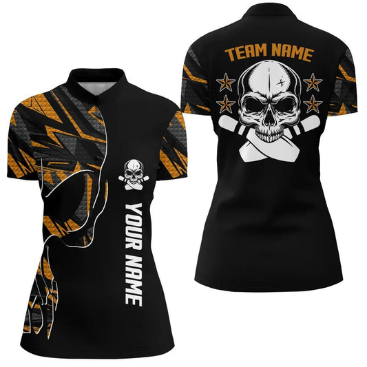 Orange Camo Black Bowling Quarter Zip Shirts für Damen - Personalisiertes Team Skull Bowling Shirt - Team Bowling Trikots Q6184 - Climcat