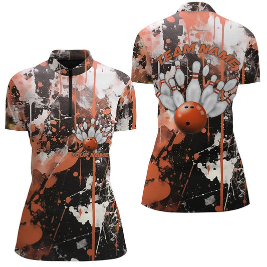 Orange Camo Bowling Team Shirts Damen Viertelreißverschluss Individuelle Bowling Liga Trikots P5412 - Climcat