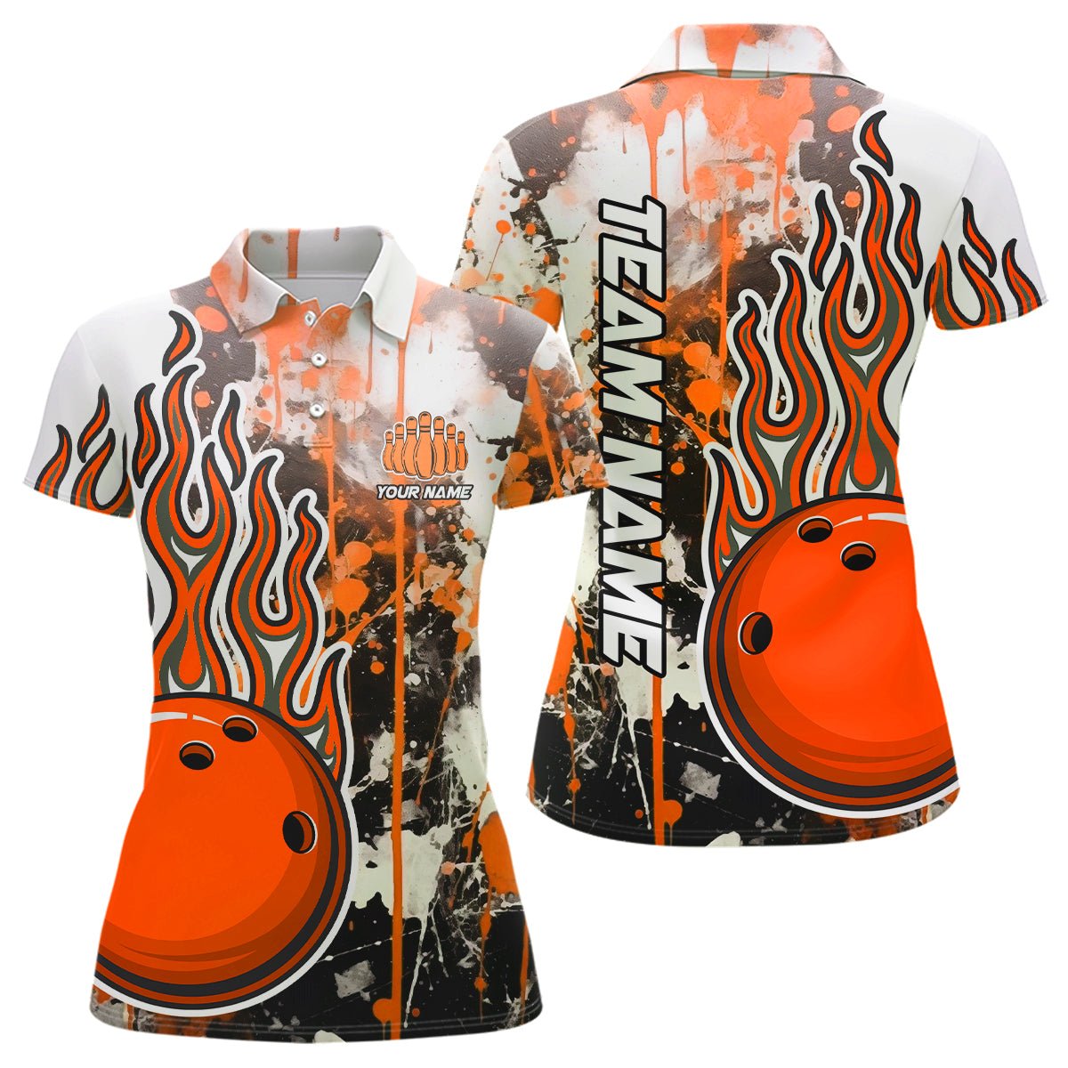 Orange Camo Flame Bowling Polo Shirts für Damen - Personalisierte Bowling Team Trikots für Bowling Liga P5419 - Climcat